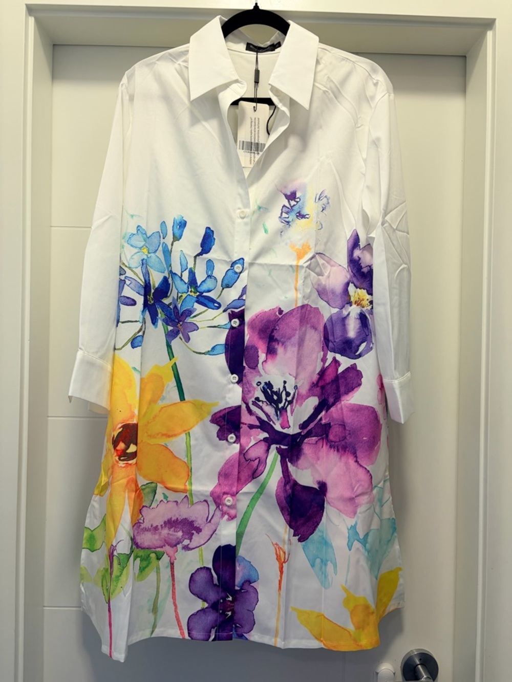 XL White Floral Button-Up Tunic Dress with Vibrant Watercolor Blooms
